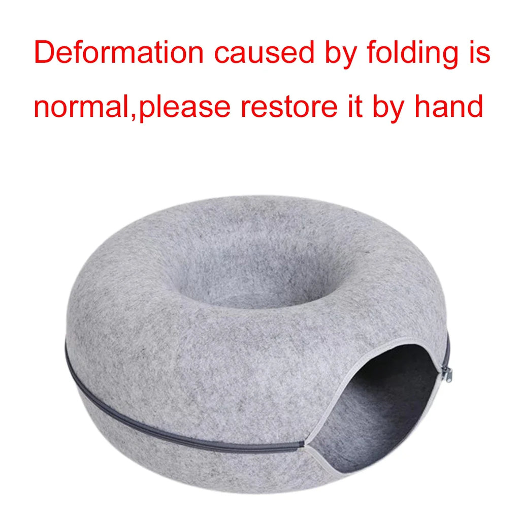 Round Felt Cat Tunnel Bed & Scratcher – Interactive Donut Nest For Kittens